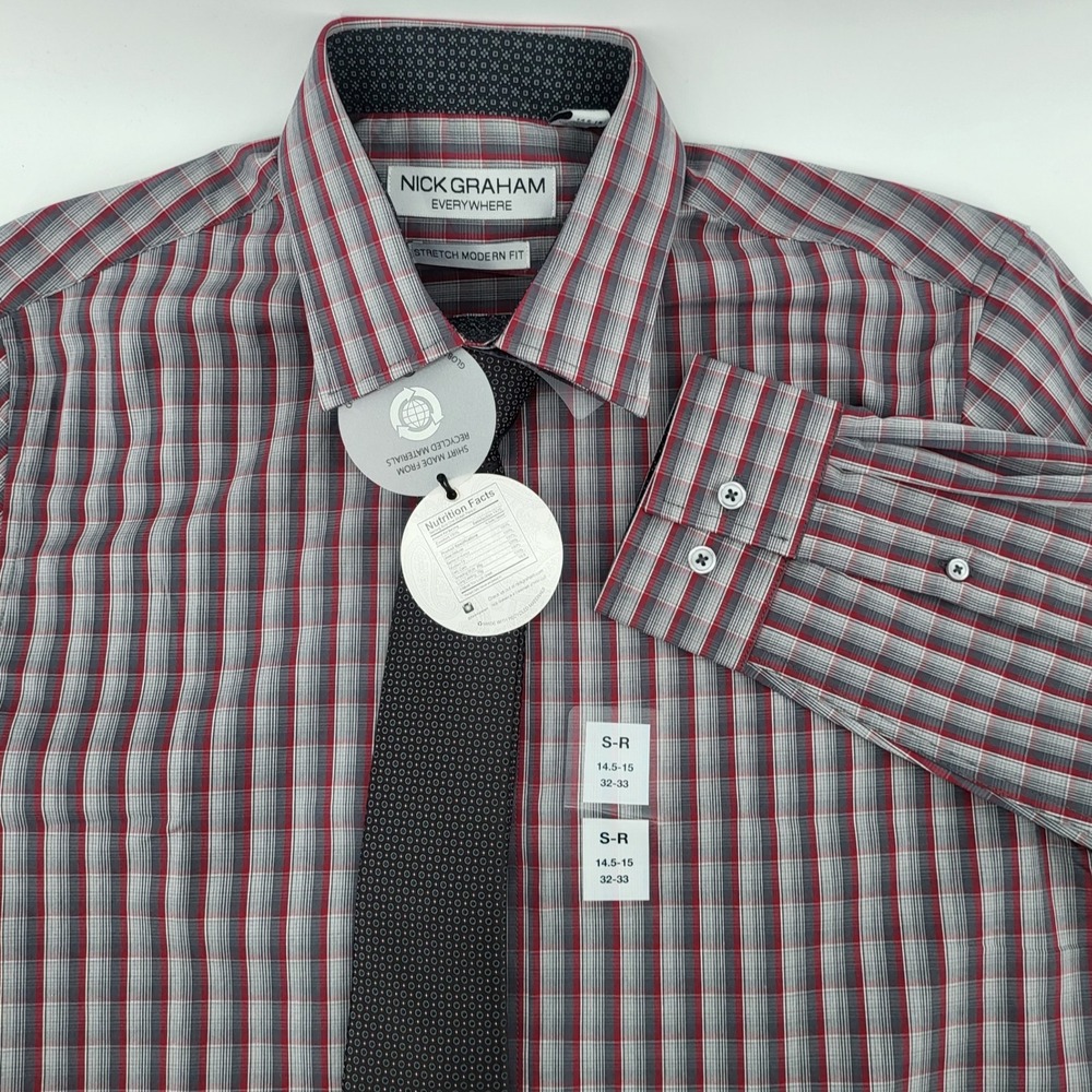 Nick Graham Mens Stretch Modern Fit Plaid Dress Shirt and Tie Set Size Small new - Picture 1 of 10